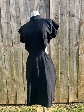 High-Neck Black Midi Dress with Cap Sleeves